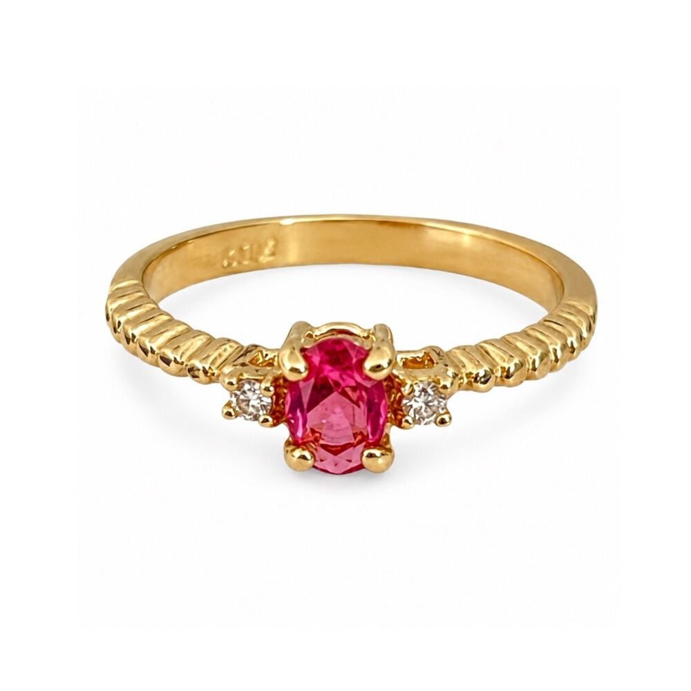 Vintage 1970s Ring Size 6 Pink Austrian Crystal CZ Gold Plated Band - 14V